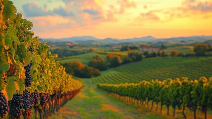 Naklejka premium Sunset over rolling vineyard hills with ripe grapes.