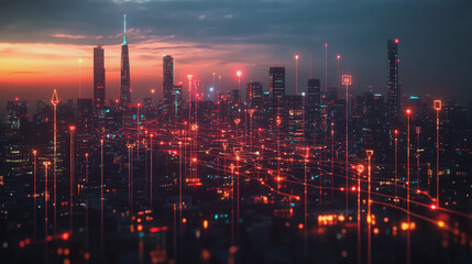 Fototapeta premium Smart digital Innovation city with connection network reciprocity over the cityscape. of future smart wireless city and social media networking systems that connects business people with in city