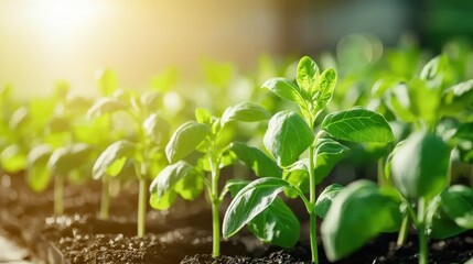Growing healthy plants in sunlit greenhouse garden nature photography