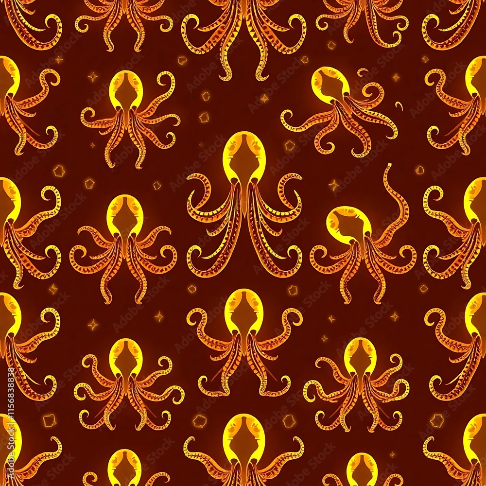 Poster glowing octopus seamless pattern: a mesmerizing repeat pattern featuring glowing, golden octopuses o
