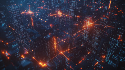 Fototapeta premium Smart digital Innovation city with connection network reciprocity over the cityscape. of future smart wireless city and social media networking systems that connects business people with in city