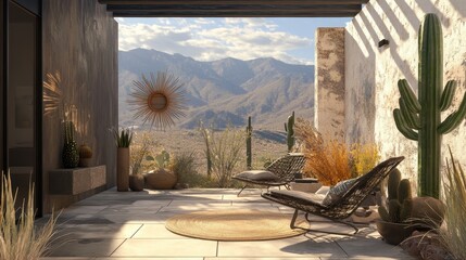 Minimalistic Southwestern styled patio with cacti and sun decor