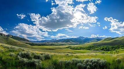 Fototapeta premium Wide Shot Photo: Vibrant Green Valley Basking Under a Bright Summer Sky. AI Generated