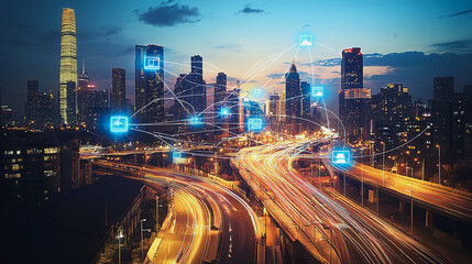 Obraz premium Smart digital Innovation city with connection network reciprocity over the cityscape. of future smart wireless city and social media networking systems that connects business people with in city