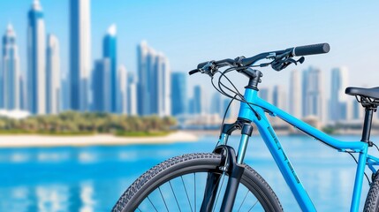 A fashionable eco-bicycle is set against a backdrop of a modern cityscape, symbolizing the increasing popularity of sustainable commuting in cities.