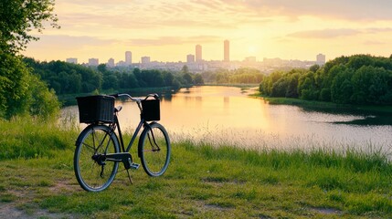 Obraz premium A beautiful cityscape depicts an eco-conscious cyclist pedaling along a tree-shaded street, emphasizing the benefits of green transportation and healthy living in a city.