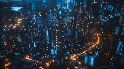 Obraz premium Smart digital Innovation city with connection network reciprocity over the cityscape. of future smart wireless city and social media networking systems that connects business people with in city