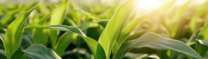 Sunlit green cornfield growth agricultural landscape photography