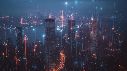 Fototapeta premium Smart digital Innovation city with connection network reciprocity over the cityscape. of future smart wireless city and social media networking systems that connects business people with in city