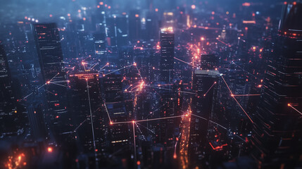 Obraz premium Smart digital Innovation city with connection network reciprocity over the cityscape. of future smart wireless city and social media networking systems that connects business people with in city