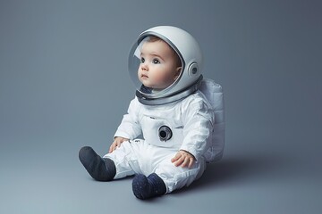 adorable caucasian baby astronaut in white space suit and helmet, sitting on a flat gray background