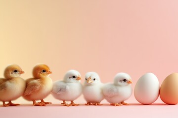 Naklejka premium A charming display of fluffy chicks celebrating Easter with colorful eggs on a soft pastel backdrop, symbolizing new beginnings and the joy of the season, bringing warmth and cheer to all