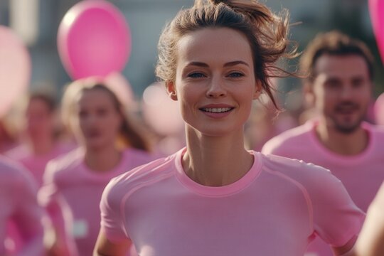 banner capturing a breast cancer awareness marathon. Women and men of all ages running in matching pink shirts