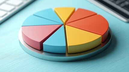 Fototapeta premium Colorful 3D pie chart on desk with keyboard and calculator.