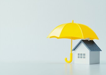A bright yellow umbrella shields a cozy white house, embodying the security and protection of home insurance, safeguarding one's most valuable possession from life's unexpected challenges.
