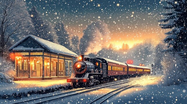 Snowy winter evening scene with steam train at station.