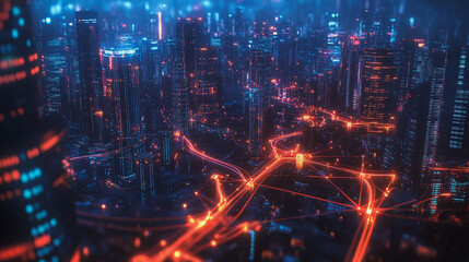 Obraz premium Smart digital Innovation city with connection network reciprocity over the cityscape. of future smart wireless city and social media networking systems that connects business people with in city