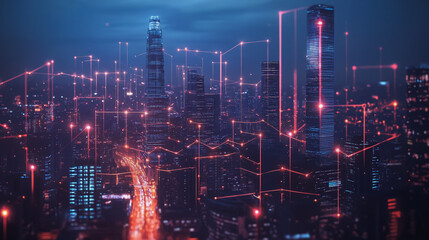 Smart digital Innovation city with connection network reciprocity over the cityscape. of future smart wireless city and social media networking systems that connects business people with in city