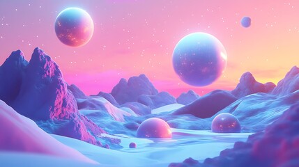 Fototapeta premium Dreamlike 3D Render: Pastel Planets Gently Hovering Over a Serene, Snowy Landscape. AI Generated