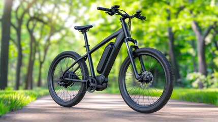 Fototapeta premium On a pathway, an electric bicycle stands parked, surrounded by verdant greenery and sunlight that filters through the trees.