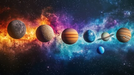 Vibrant Planets Gracefully Orbiting in a Cosmic Nebula: Stunning Digital Painting. AI Generated