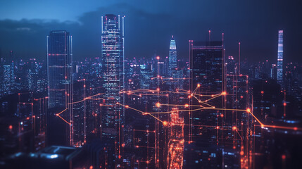 Obraz premium Smart digital Innovation city with connection network reciprocity over the cityscape. of future smart wireless city and social media networking systems that connects business people with in city