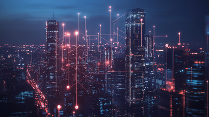 Fototapeta premium Smart digital Innovation city with connection network reciprocity over the cityscape. of future smart wireless city and social media networking systems that connects business people with in city