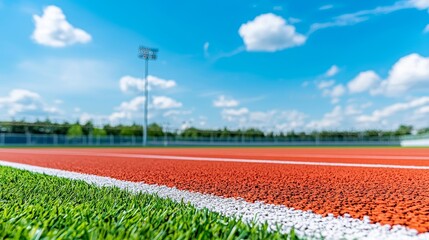 A red running track with white lines, set amidst lush green trees, in an outdoor stadium for track and field sports.