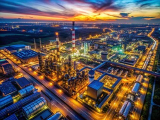 Fototapeta premium Aerial Long Exposure Night Photography Industrial Complex Cityscape