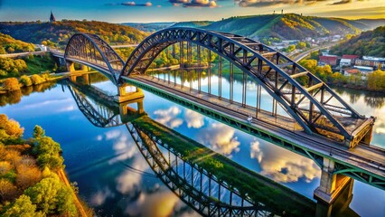 Obraz premium Aerial Macro View: Ambridge Aliquippa Bridge's Steel Structure & River Reflections