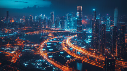Fototapeta premium Smart digital Innovation city with connection network reciprocity over the cityscape. of future smart wireless city and social media networking systems that connects business people with in city