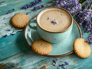A cup of coffee with lavender and cookies on the table