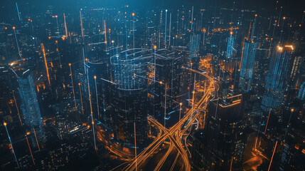 Obraz premium Smart digital Innovation city with connection network reciprocity over the cityscape. of future smart wireless city and social media networking systems that connects business people with in city