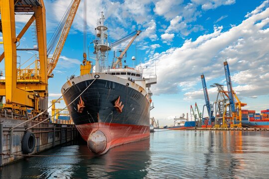 Cargo Ship Docked at a Port with Cranes and Water