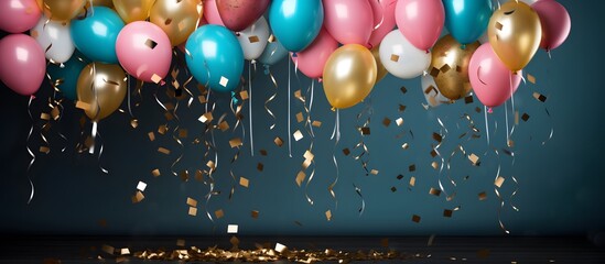 Vibrant balloons and streamers on a colorful gradient backdrop. birthday or festive decorations