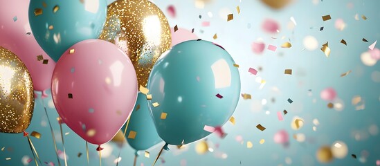 Vibrant balloons and streamers on a colorful gradient backdrop. birthday or festive decorations