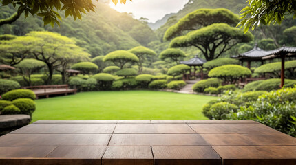 Empty Wooden Board Table with a Tea Garden Background