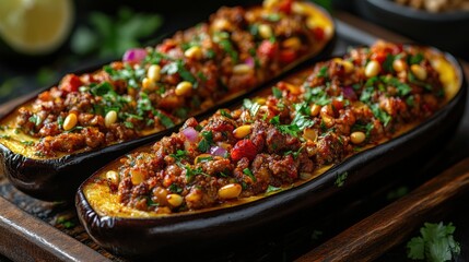 Two stuffed eggplants with meat, pine nuts, and herbs on a wooden board.