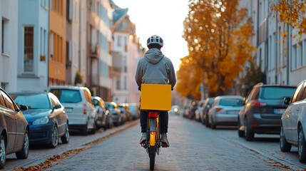 Naklejka premium Navigating a bustling city street, a bicycle courier illustrates the green benefits of urban delivery services.