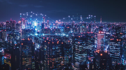 Fototapeta premium Smart digital Innovation city with connection network reciprocity over the cityscape. of future smart wireless city and social media networking systems that connects business people with in city