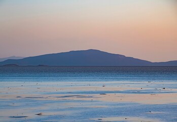 sunset on lake Karum in the salt lake depression of Danakil in Ethiopia