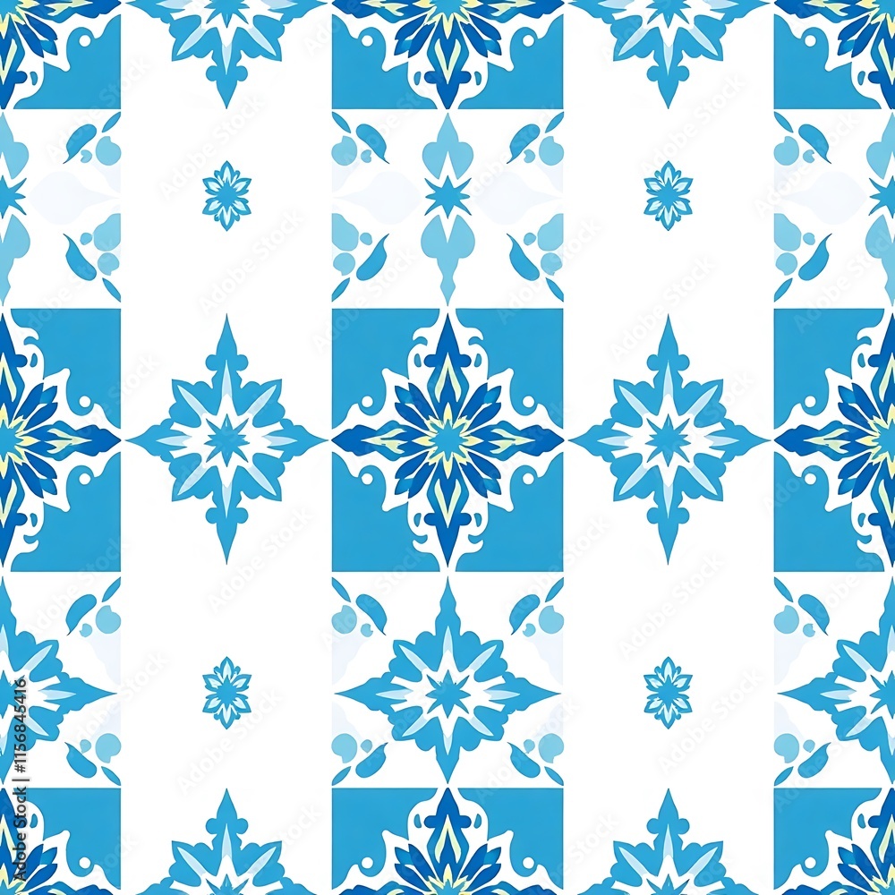 Poster blue and white tile pattern: a seamless repeat pattern of blue and white tiles with intricate floral
