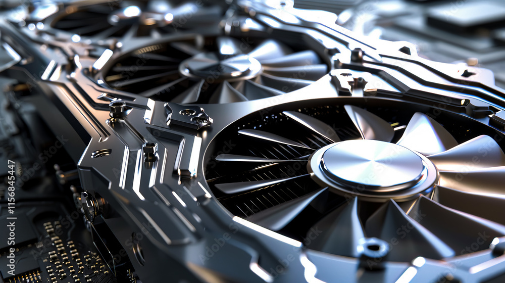 Poster a highly detailed close-up of a gpu showcasing its intricate design and technological innovation in 
