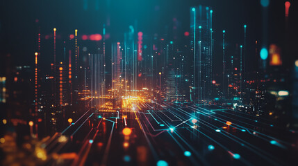 Fototapeta premium Smart digital Innovation city with connection network reciprocity over the cityscape. of future smart wireless city and social media networking systems that connects business people with in city