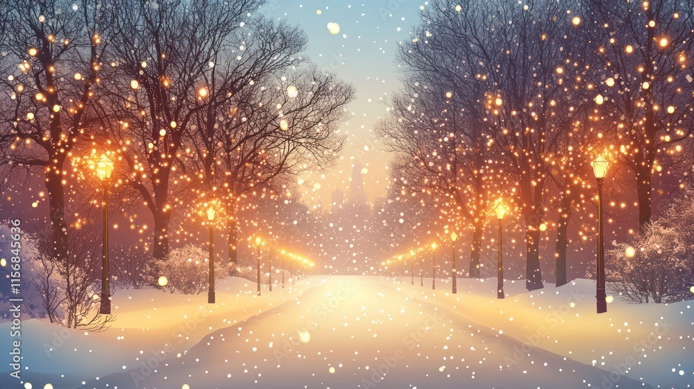 Poster snowy path with illuminated trees and falling snow.