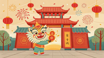 Naklejka premium The mythical Tianlu is a guardian lion symbolizing protection and prosperity. Red lanterns float around Tianlu, creating a festive atmosphere.