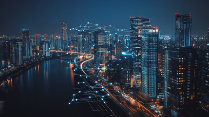 Obraz premium Smart digital Innovation city with connection network reciprocity over the cityscape. of future smart wireless city and social media networking systems that connects business people with in city