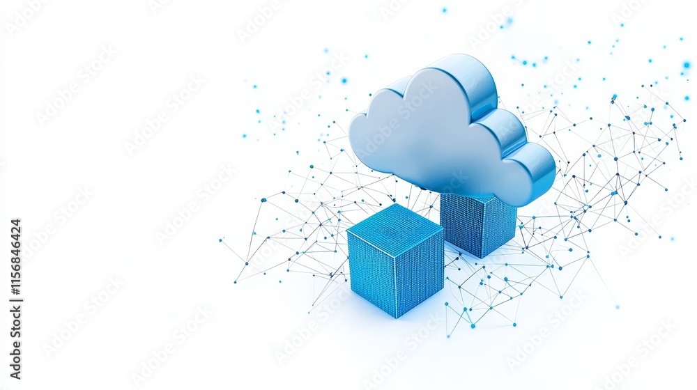 Poster an abstract technology illustration with data blocks and cloud computing elements, suitable for them
