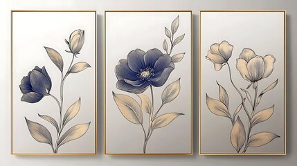 Three vertical poster, line art floral
