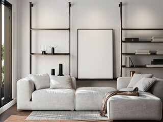 Frame mockup, ISO A paper size. Living room wall poster mockup. Interior mockup with house background. Modern interior design. 3D render
